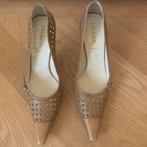 Prada Tan Leather Pointed Toe Heels with Perforated Detailing